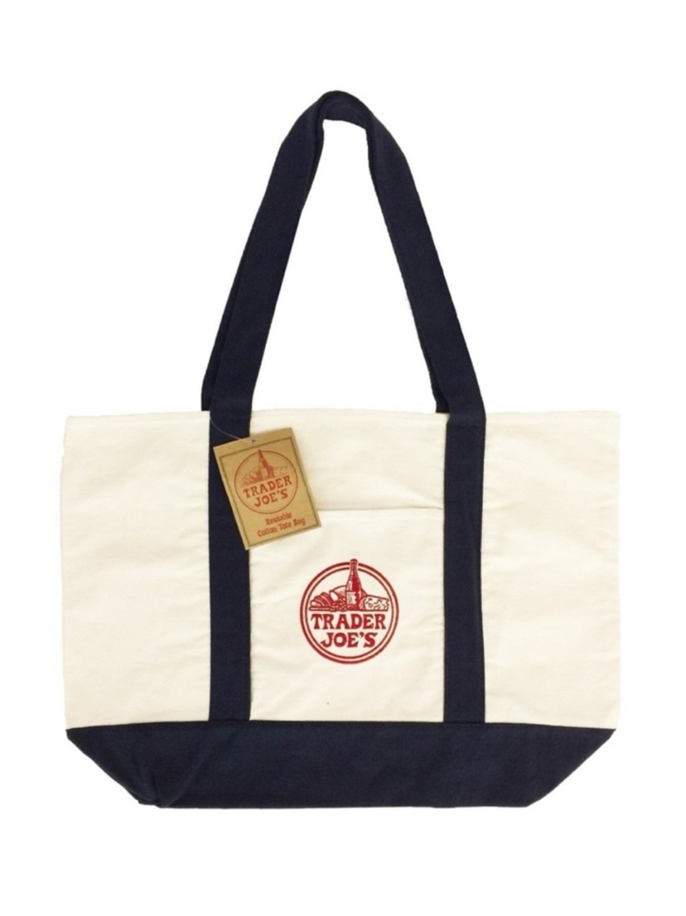 Large Trader Joe's Canvas Tote Bag in Cream and Navy